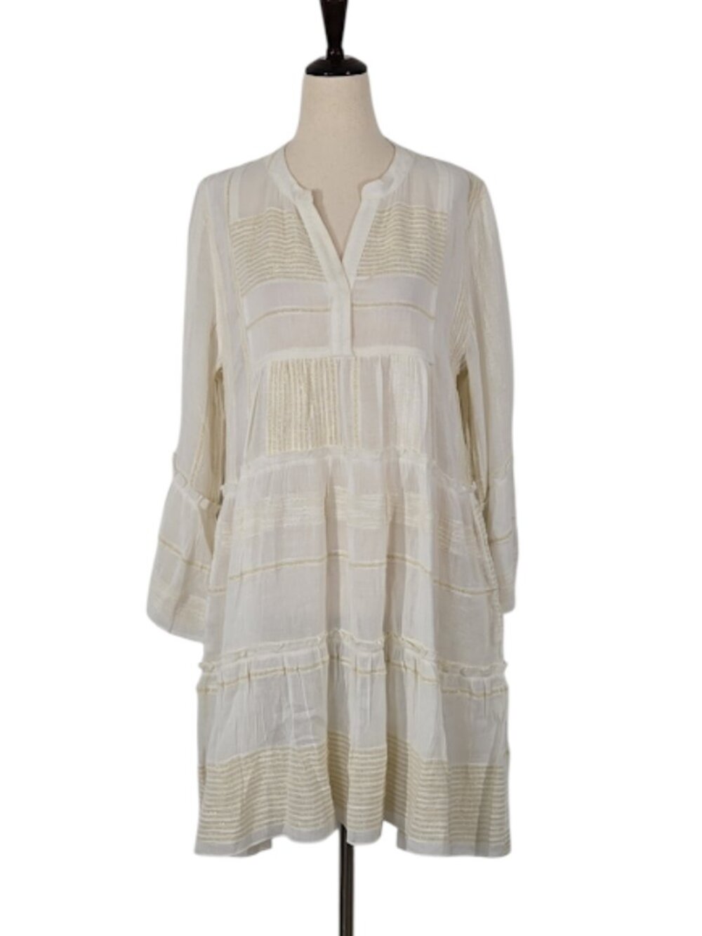 ELAN Women Metallic Thread Gauze Cover Up Mini Dress Long Sleeve Natural M NWOT